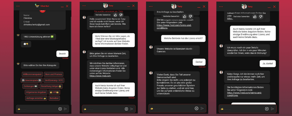 1red casino live chat support